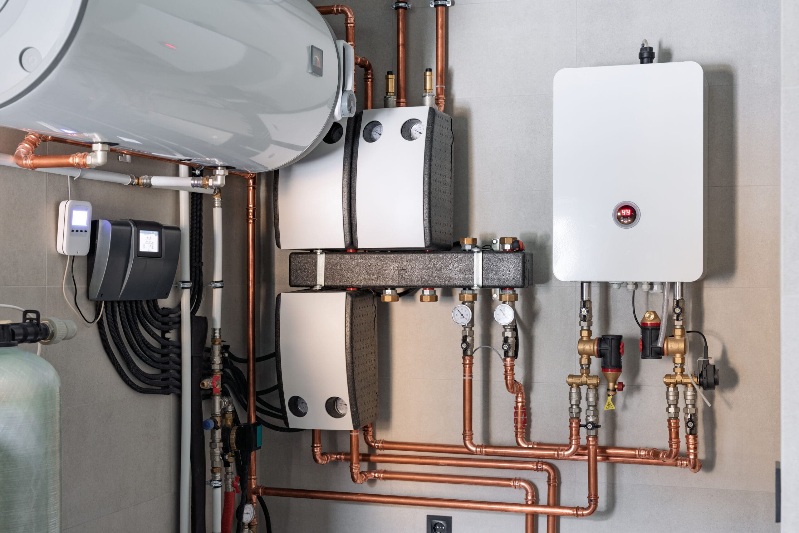 Heating system equipment in a boiler room of modern private house Wall installation of electric boiler device, valves, pumps, cooper tubing, water heater, automatic controller in a single family home