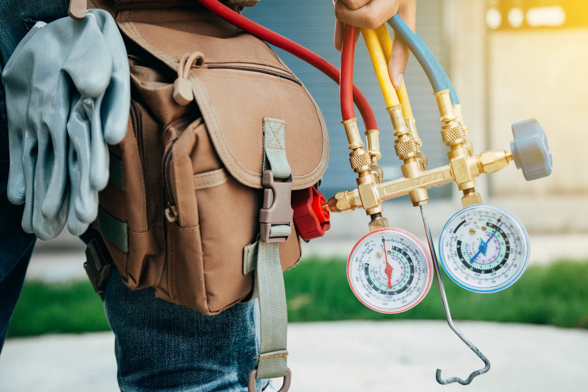 Refrigeration gauges and tool bag close-up