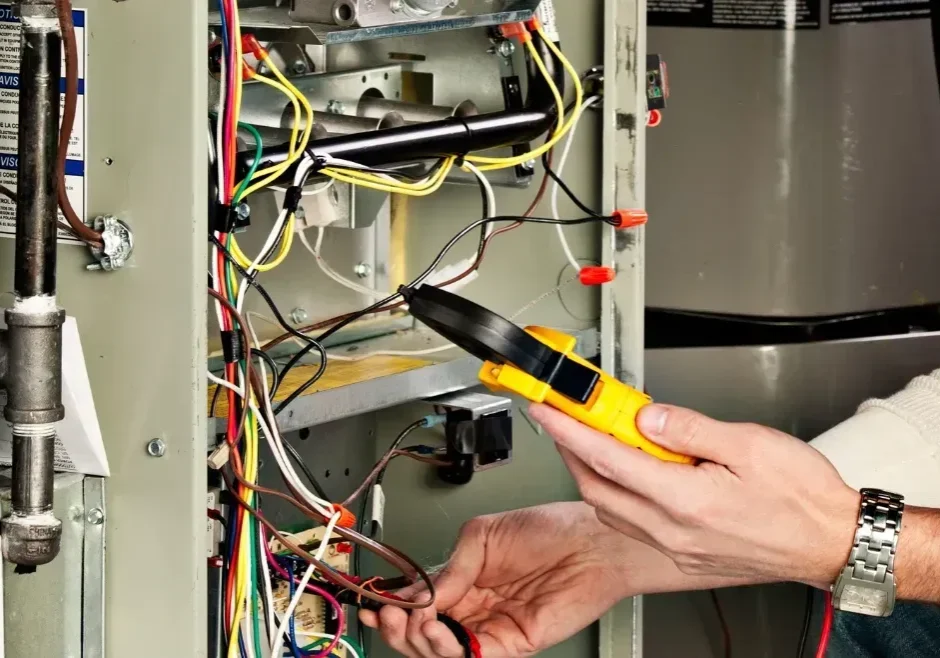 Technician repairing electrical panel wires