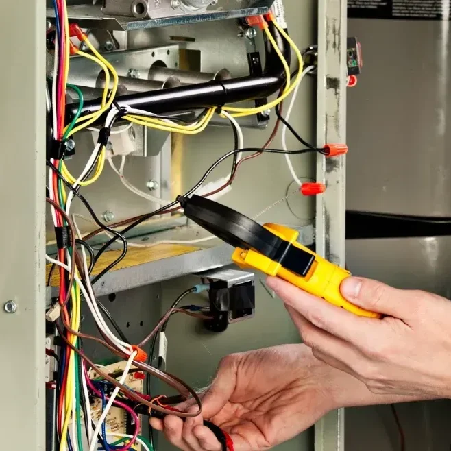 Hand holding multimeter near circuit wires